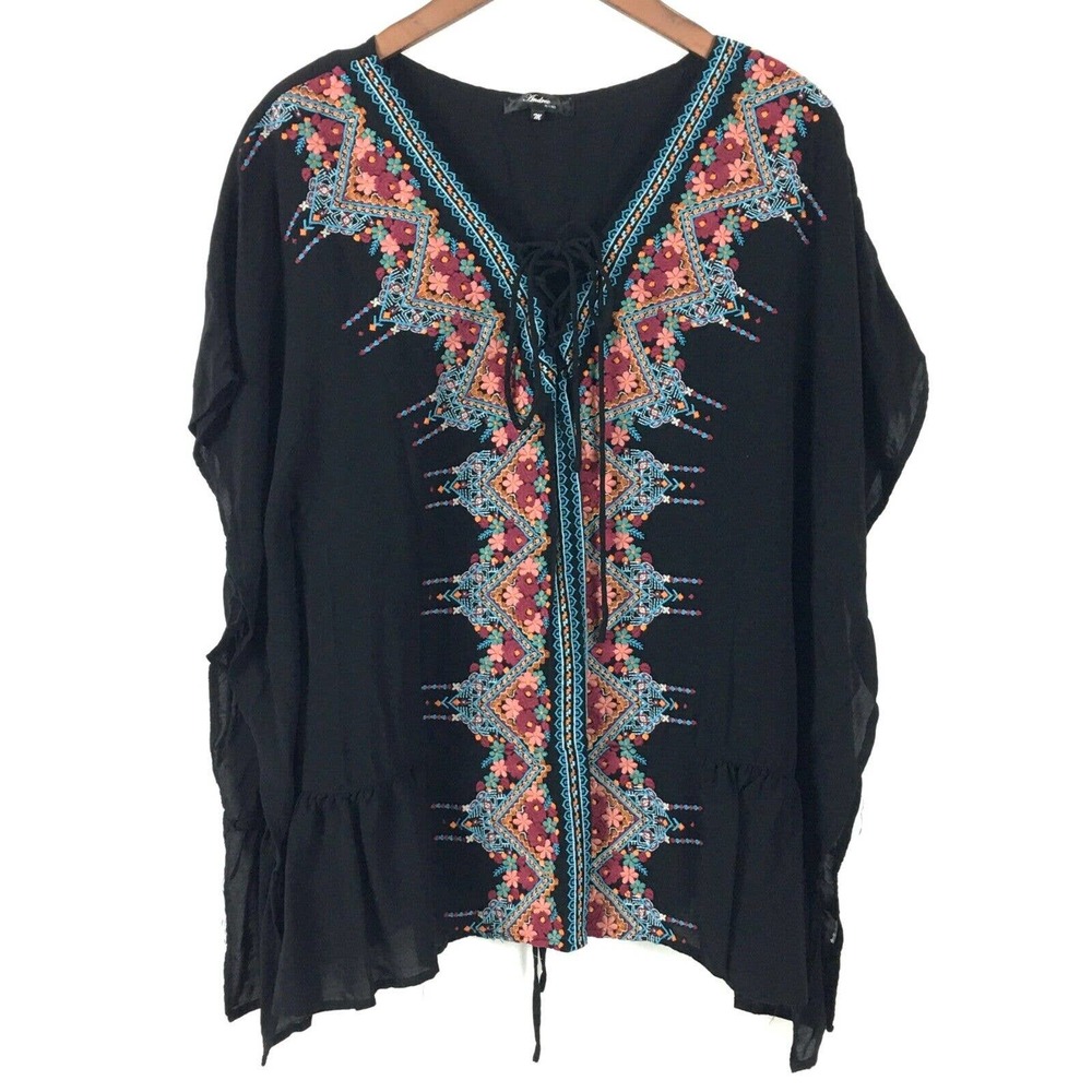 Andree by Unit Womens Tunic Top Medium Black Embroidered Floral Rayon Drawstring
